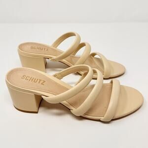 NEW Schutz Olly Mid Block Nappa Leather Strappy Sandal Cream White 10.5